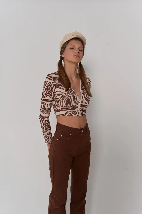 Crop Style Button-Closure Long-Sleeve Lufo Blouse Brown
