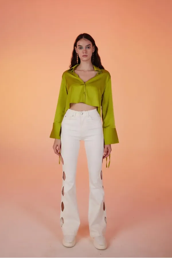 Cutout Jean Pantolon Beyaz