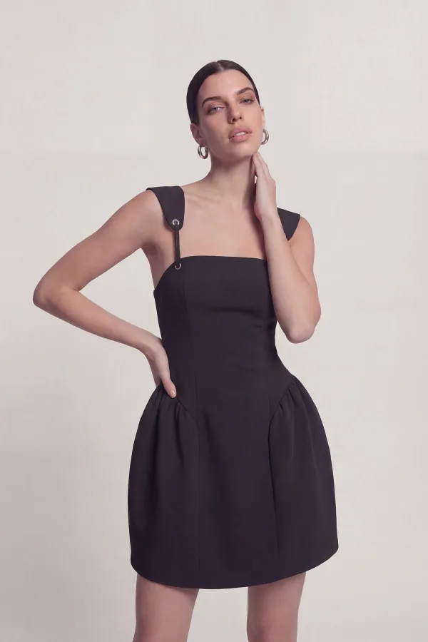 Eyelet Strap Detail Mini Sandra Dress Black