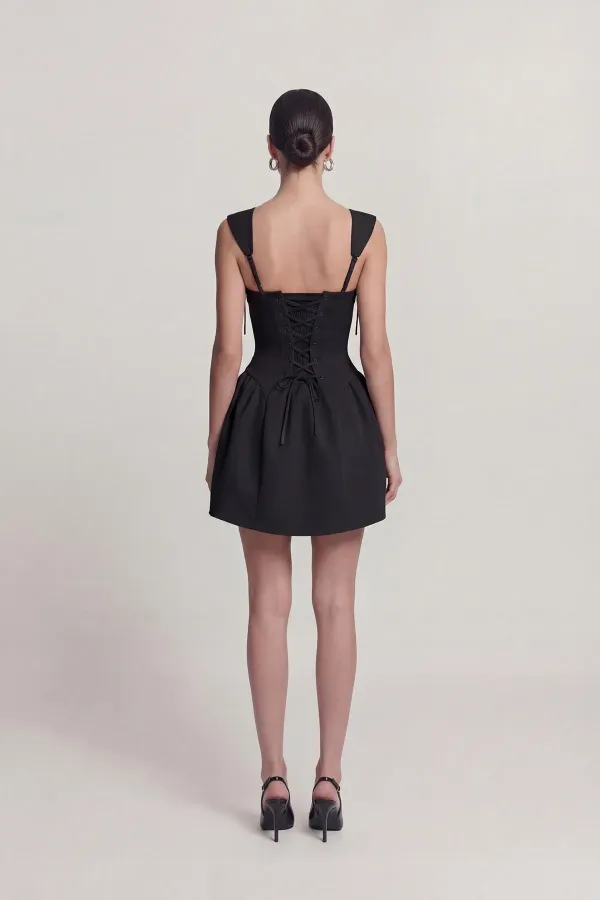 Eyelet Strap Detail Mini Sandra Dress Black