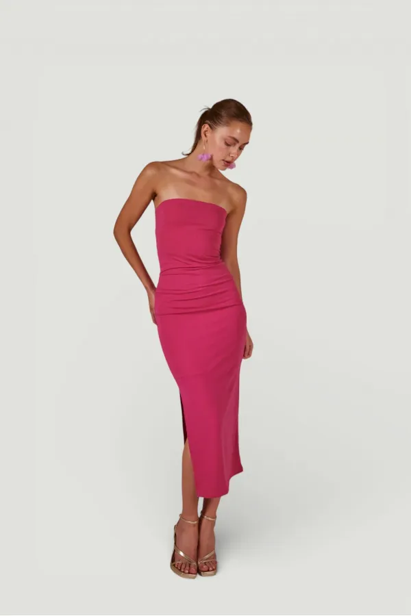 Slit Strapless Midi Bodycon Dress Pink