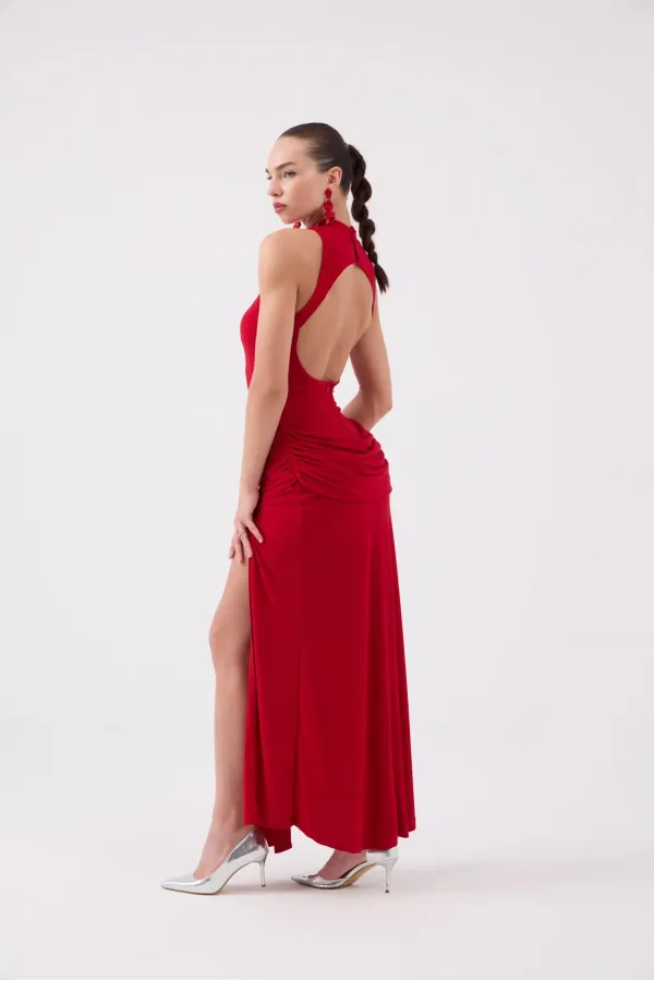 Backless Long Emilia Dress with Slit, Red