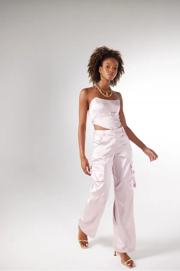Yüksek Bel Kargo Cep Saten Maddy Pantolon Pudra