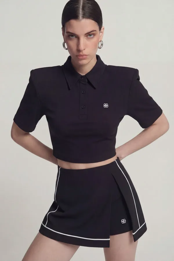 Vatkalı Polo Yaka Carolyn T-Shirt Siyah Vatkalı Polo Yaka Carolyn T-Shirt Siyah