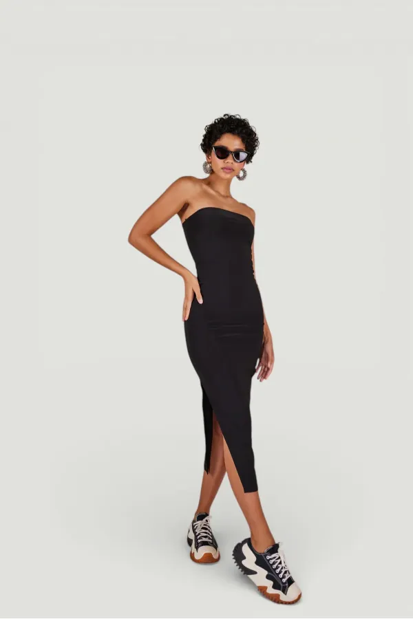 Strapless Midi Bodycorn Dress with Slit, Black