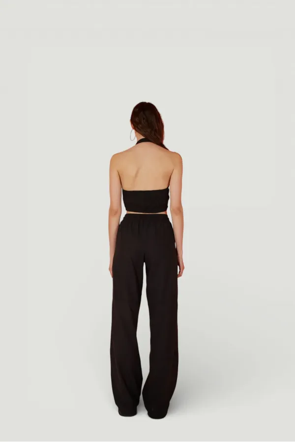 Cotton Fabric Belted Loose Fit Rise Trousers Black
