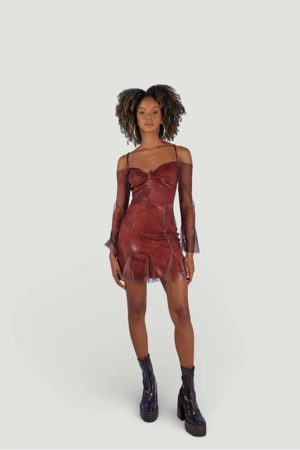 Mini Boy Askılı Tül Kol Rusty Elbise Kahve