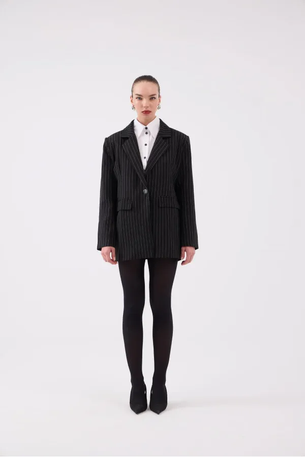 Oversize Kesim Çizgili Strip Blazer Ceket Siyah