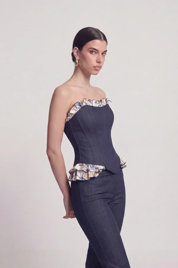 Venus Bustier with Ruffle Detail and Jean-Look Design, Navy Blue Venus Bustier with Ruffle Detail and Jean-Look Design, Navy Blue