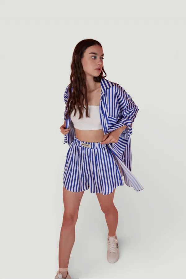 Yumuşak Dokulu Çizgili Saten Mini Mellow Şort Lacivert