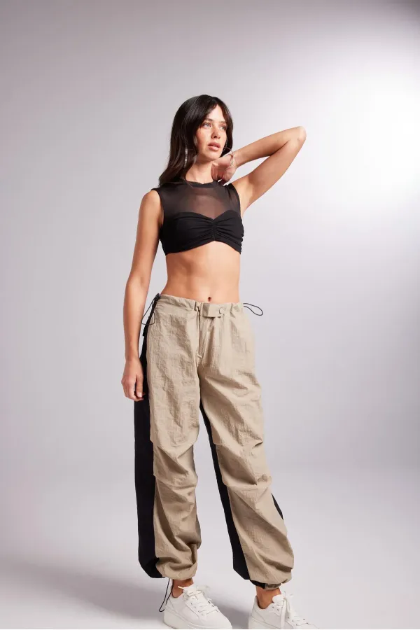 Bicolor Parachute Pantolon Bej