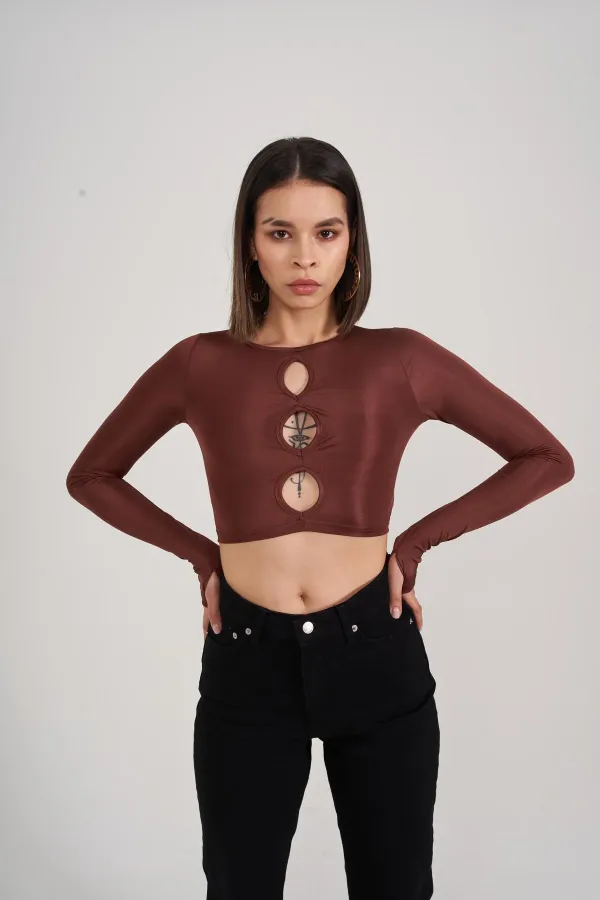 Crew Neck Long Sleeve Crop Frank Blouse with Chest Detail Brown