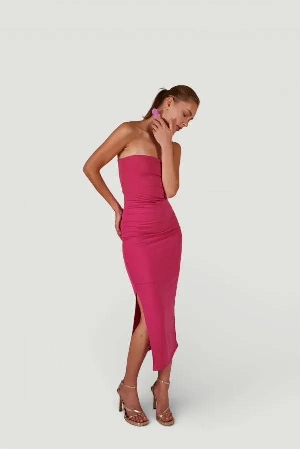 Slit Strapless Midi Bodycon Dress Pink