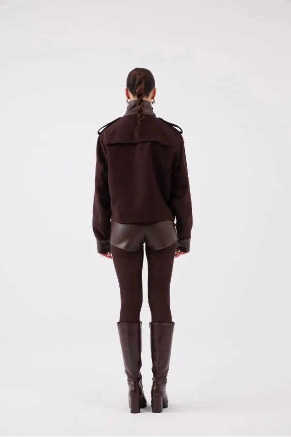 Lina Suede Jacket with Stand-Up Collar and Leather Details, Brown