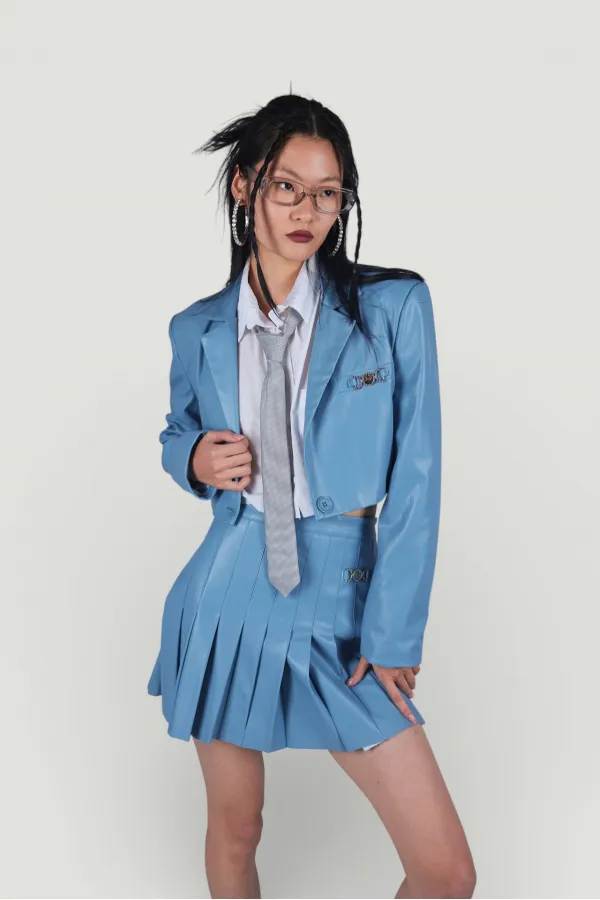 Veste en cuir bleue style universitaire