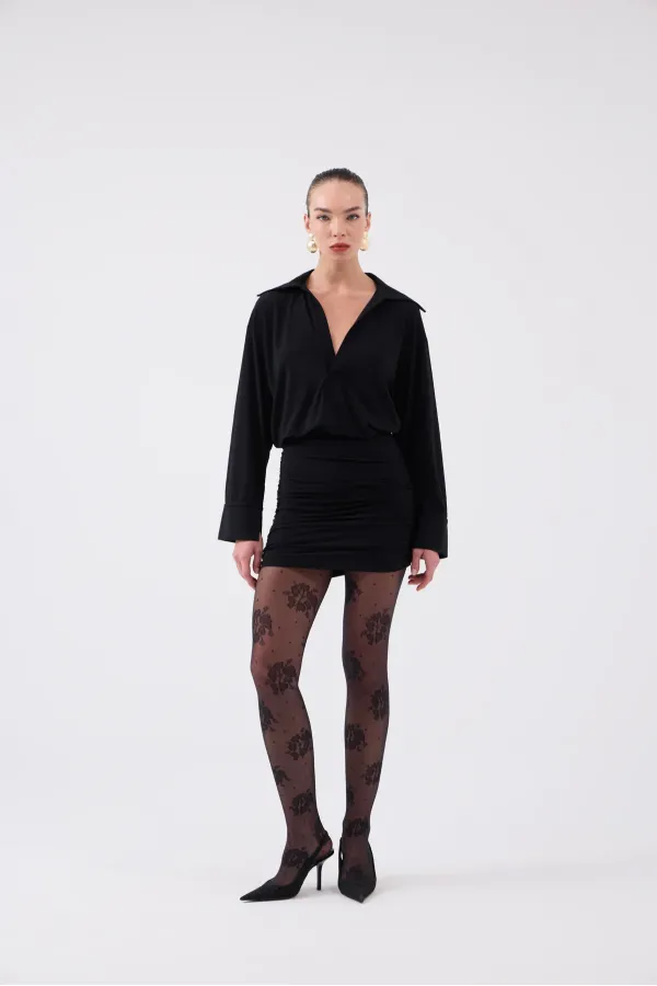 Jaida Dress with Gathered Hem and Shirt Collar, Black