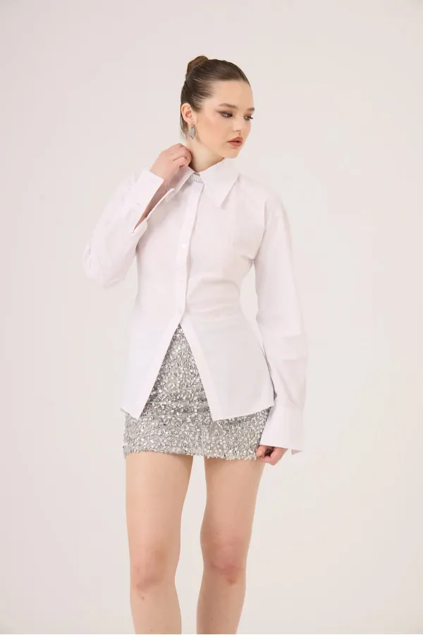 Paula Shirt in White, Fitted Cut with Waistband
