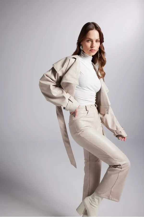 Pantalon en cuir beige Lucy