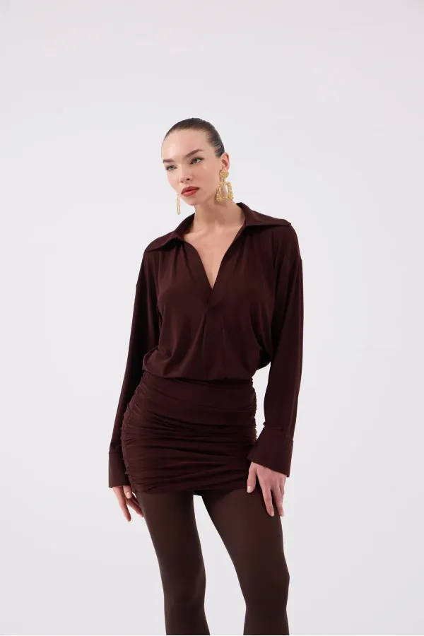 Jaida Shirt Collar Dress with Gathered Hem in Brown