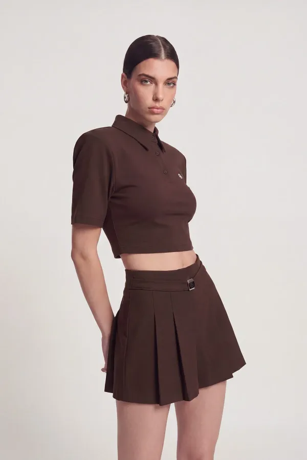 Vatkalı Polo Yaka Carolyn T-Shirt Kahve