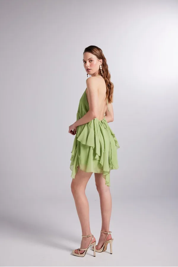 Fırfır Detaylı Bel Dekolteli Şifon Capri Elbise Yeşil