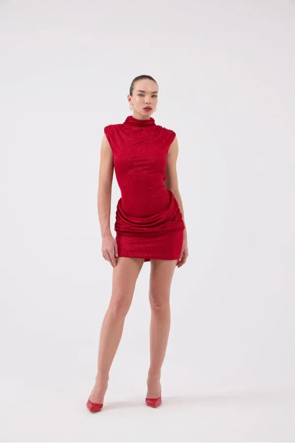 Backless Glittery Mini Judy Dress, Red