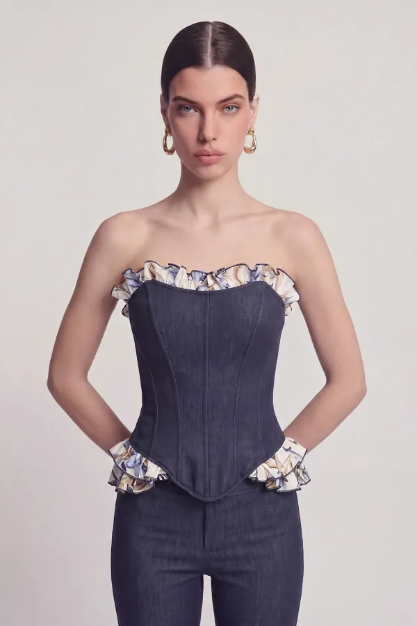 Venus Bustier with Ruffle Detail and Jean-Look Design, Navy Blue Venus Bustier with Ruffle Detail and Jean-Look Design, Navy Blue