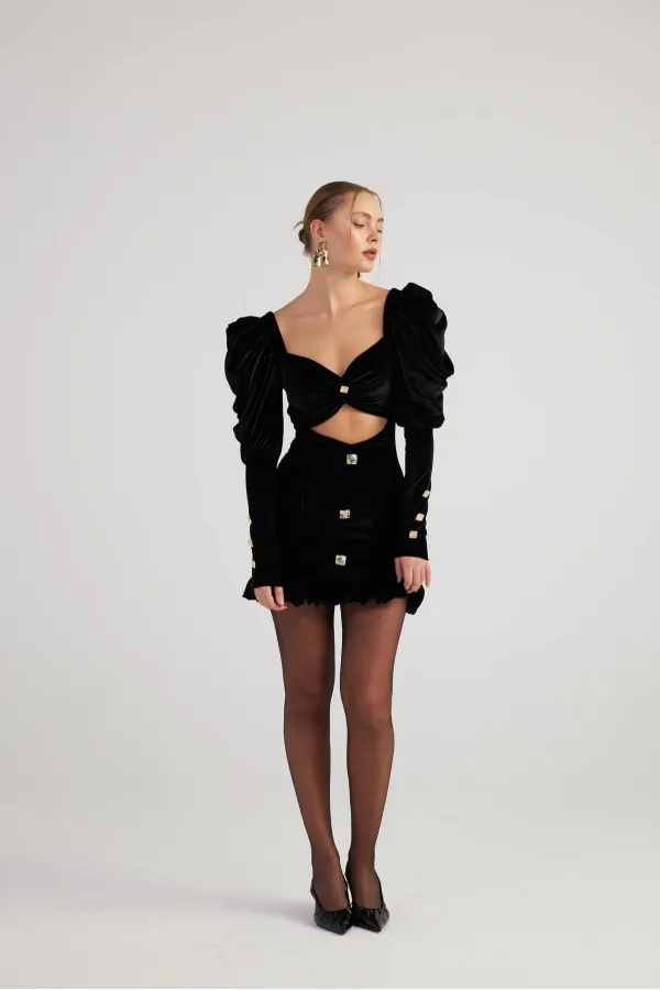 Robe courte Raquel en velours noir à manches pastèque