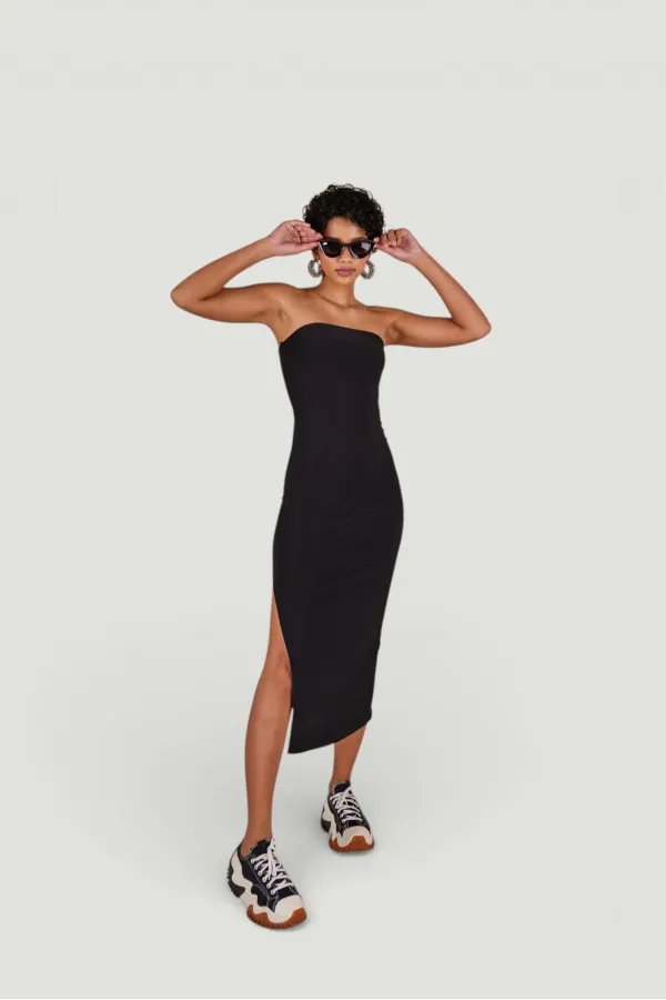 Strapless Midi Bodycorn Dress with Slit, Black