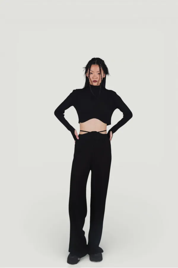 Pantalon en maille stretch noir à taille élastique et jambes larges