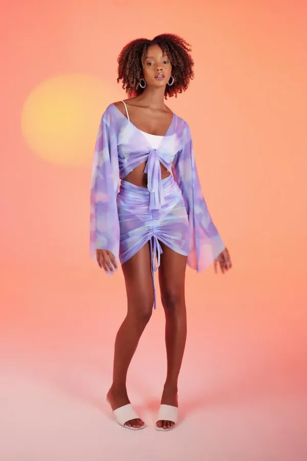 Bonita Pareo Set with Gathered Skirt and Patterned Tulle, Lilac