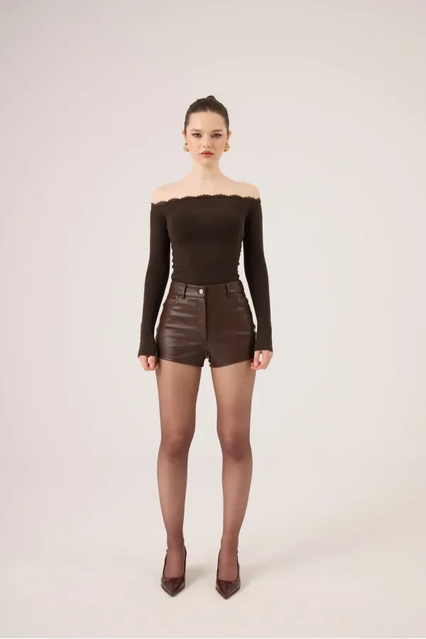 Madonna Neckline Lace Macy Cashmere Blouse, Brown