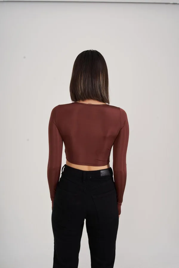 Crew Neck Long Sleeve Crop Frank Blouse with Chest Detail Brown