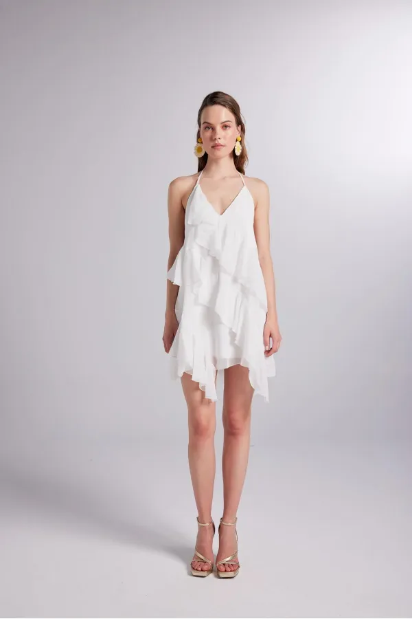 White Chiffon Capri Dress with Ruffle Detail and Waistline