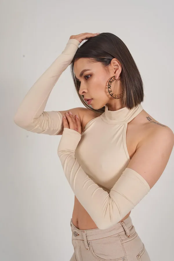 Crop Style Pretty Blouse with Sleeve Detail, Beige