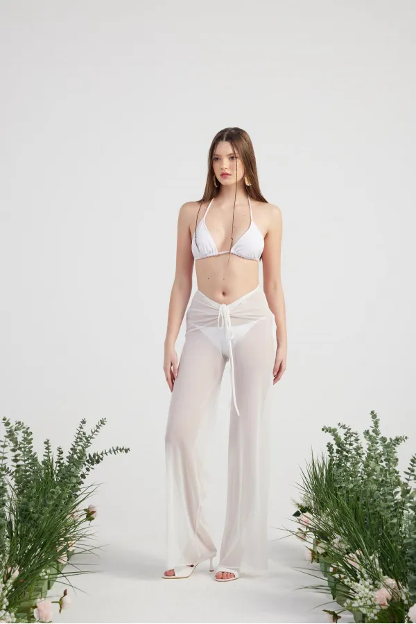 Shirred Pareo Pantolon Beyaz