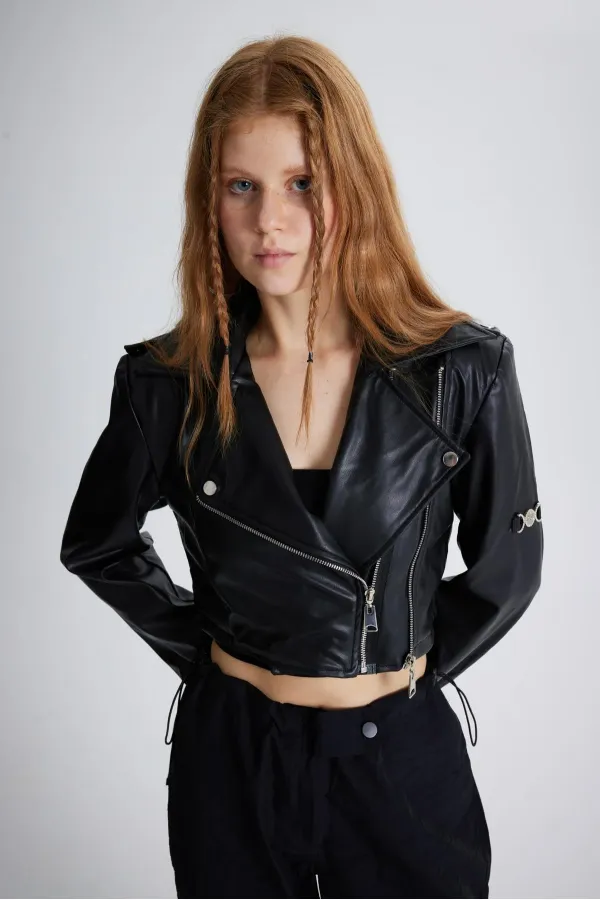 Women's Black Jacket with Collar, Crop Zip and Snap Button Petter Leather Jacket