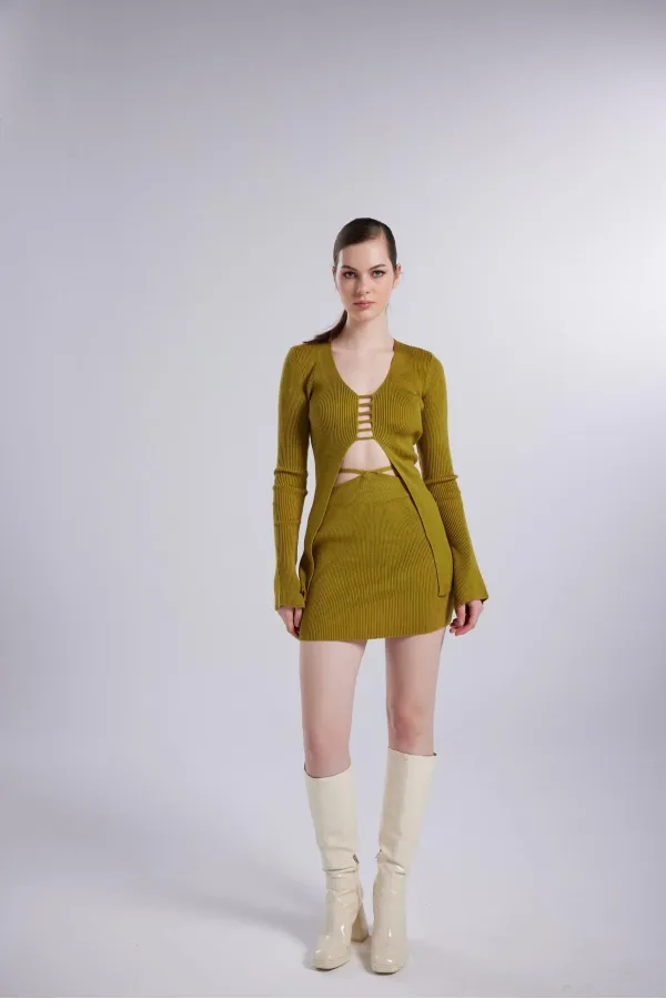 İspanyol Kollu İp Detaylı Fels Triko Hırka Yeşil