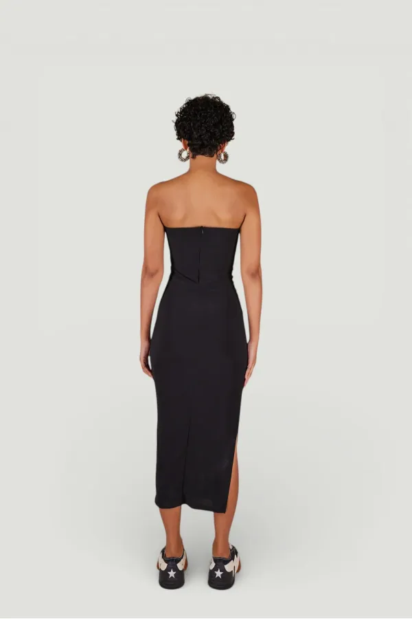 Strapless Midi Bodycorn Dress with Slit, Black