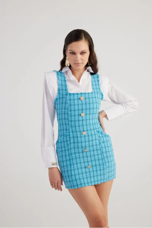 Tweed Elbise Mavi