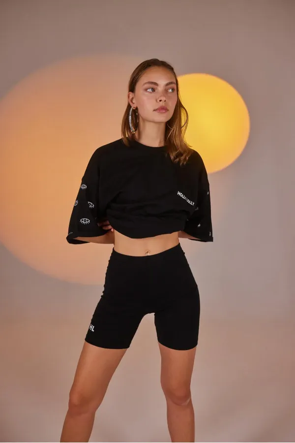 Eye Print Oversize Eye T-shirt and Bike Leggings Set Black