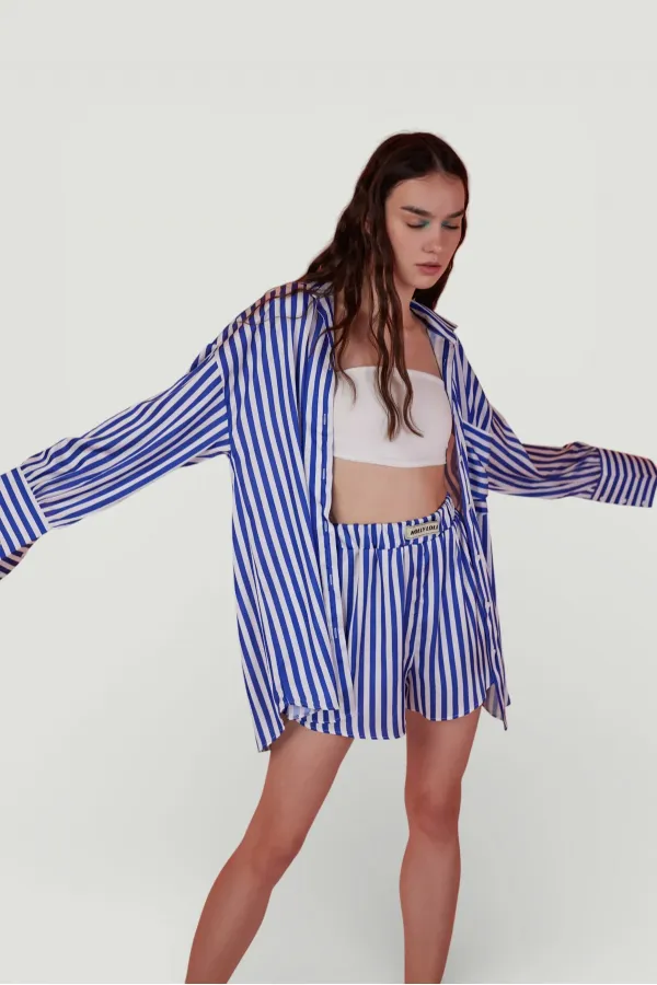 Yumuşak Dokulu Çizgili Saten Mini Mellow Şort Lacivert