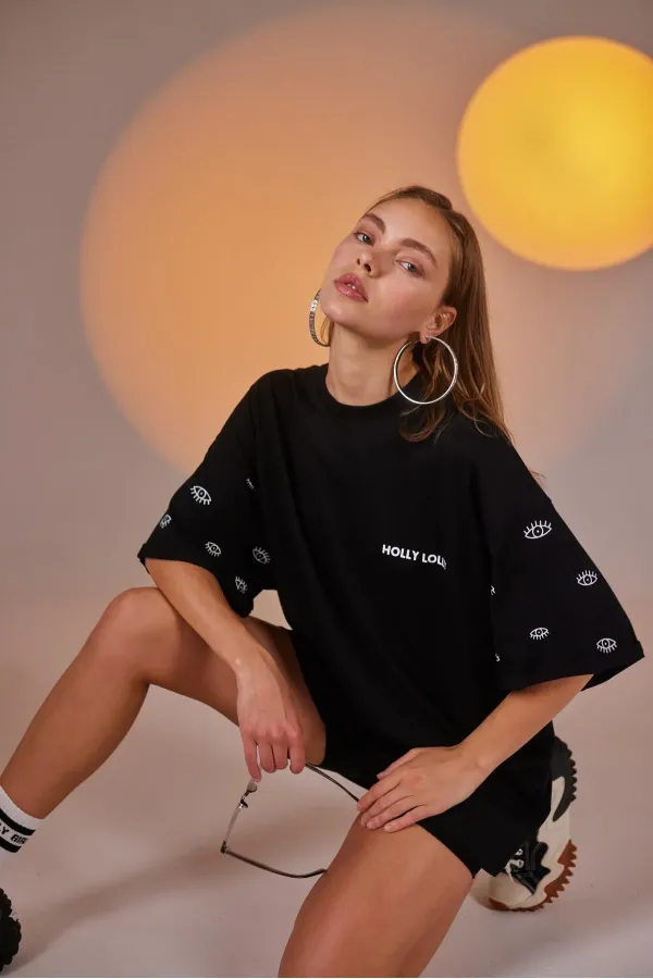 Eye Print Oversize Eye T-shirt and Bike Leggings Set Black