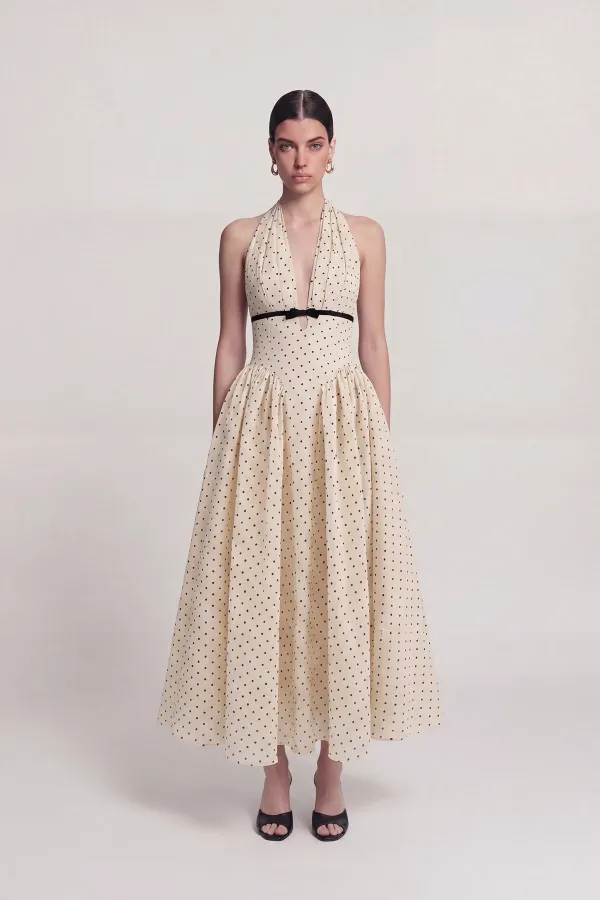 Robe Zayla à pois, col halter et poches, couleur crème Robe Zayla à pois, col halter et poches, couleur crème