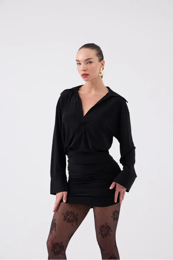 Jaida Dress with Gathered Hem and Shirt Collar, Black