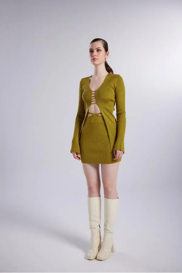 İspanyol Kollu İp Detaylı Fels Triko Hırka Yeşil