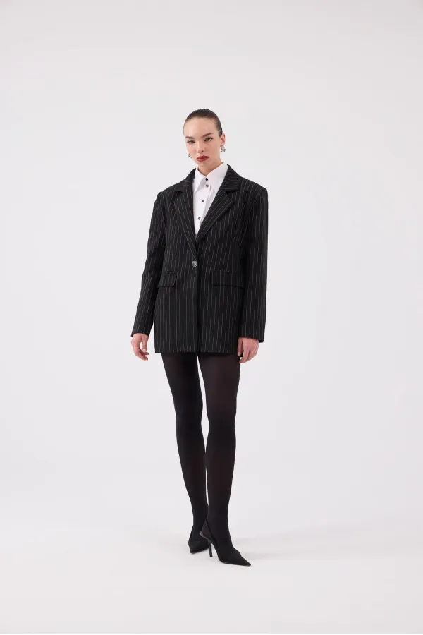 Oversize Kesim Çizgili Strip Blazer Ceket Siyah