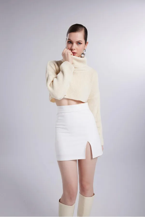 Kadın Bej Balıkçı Yaka Uzun Kol Lirola Kazak