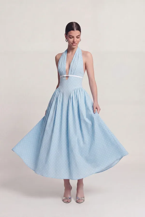 Robe Zayla à pois, dos nu et poches, bleue