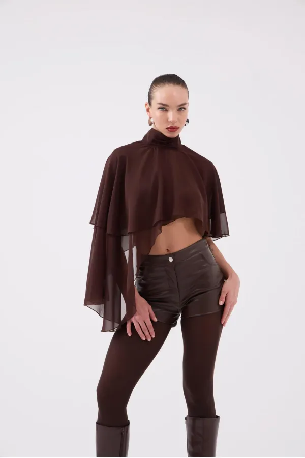 Yüksek Bel Mini Meghan Deri Şort Kahve